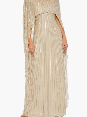 Mac Duggal Champagne Beaded Cape Gown